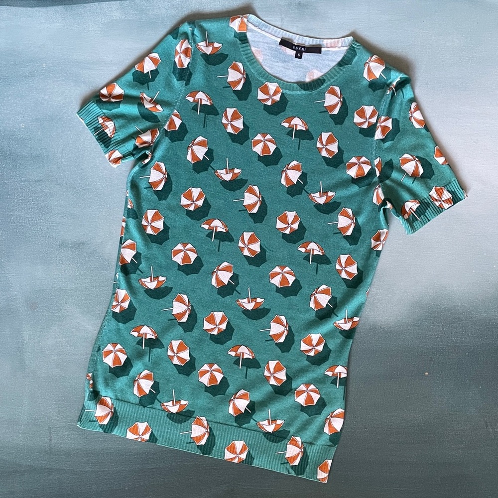 Authentic Gucci Silk Cashmere Knit Top Short Sleeve Umbrella Print